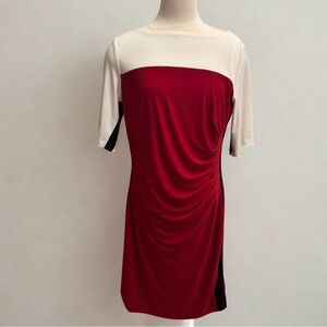 Kasper Colorblock Ruched Dress Red White Black Sheath Career Office Size Large